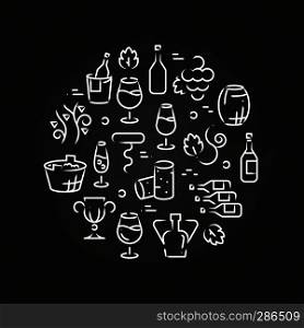 Drinks line icons - wine logo on chalkboard. Glass drawing alcohol, vector illustration. Drinks line icons - wine logo on chalkboard
