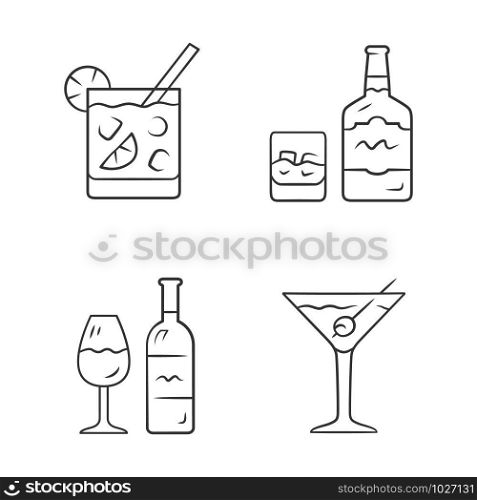 Drinks linear icons set. Cocktail in lowball glass, whiskey, wine, martini. Alcoholic beverages. Drinks and mixes. Thin line contour symbols. Isolated vector outline illustrations. Editable stroke
