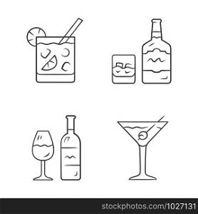 Drinks linear icons set. Cocktail in lowball glass, whiskey, wine, martini. Alcoholic beverages. Drinks and mixes. Thin line contour symbols. Isolated vector outline illustrations. Editable stroke