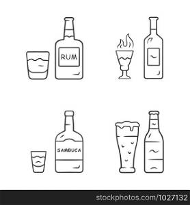 Drinks linear icons set. Rum, absinthe, sambuca, beer. Bottles and beverages in glasses. Refreshment alcoholic liquid. Thin line contour symbols. Isolated vector outline illustrations. Editable stroke