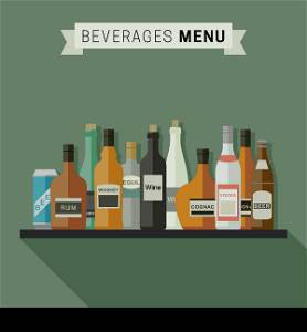 Drinks menu with bottles of alcoholic beverages on shelf. Vector flat illustration.