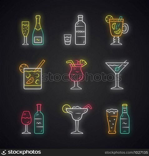 Drinks neon light icons set. Alcohol drinks card. Champagne, vodka, hot toddy, wine, beer, cocktail in lowball glass, martini, margarita, pina colada. Glowing signs. Vector isolated illustrations