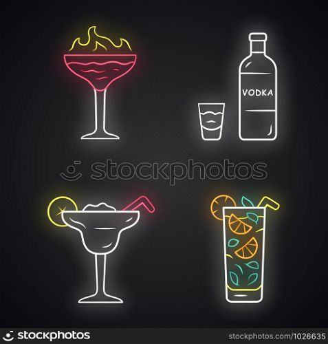 Drinks neon light icons set. Flaming shot, margarita, mojito, vodka. Glasses with beverages, bottle. Alcoholic mixes and soft drink for party, celebration. Glowing signs. Vector isolated illustrations
