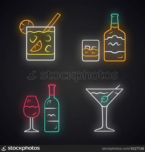 Drinks neon light icons set. Glowing signs. Cocktail in lowball glass, whiskey, wine, martini. Alcoholic beverages for party. Refreshment drinks and mixes. Vector isolated illustrations