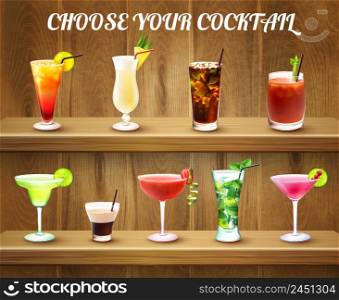 Drinks realistic composition with two shelves and various cocktail glasses of different shape and colour ingredients vector illustration. Cocktail Drinks Choice Composition