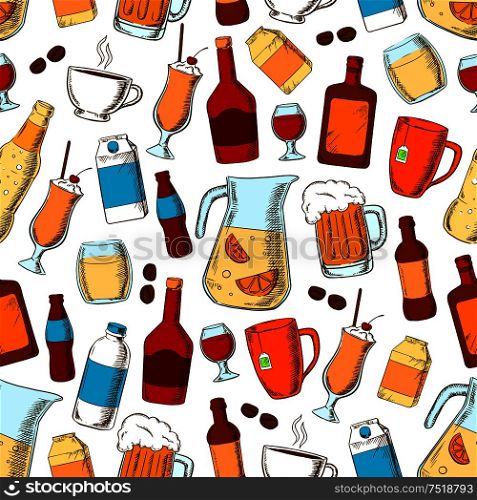 Drinks seamless pattern. Alcohol, fresh and healthy beverage elements. Hand drawn cartoon icons of coffee beans, hot tea cup, cocktail straw, beer mug, lemonade jar, wine glass, whiskey, rum, soda bottle, milk pack. Drinks seamless pattern. Alcohol, fresh and healthy drink elements.