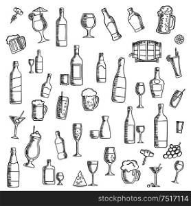 Drinks sketch icon with cocktails, wine, beer, vodka, champagne, martini, whisky and sake, barrel of ale, juice, soft beverages and milk shakes with fruit and cheese snacks. Use as cocktail party or food and beverages theme design. Cocktails and alcohol beverages with snacks icon