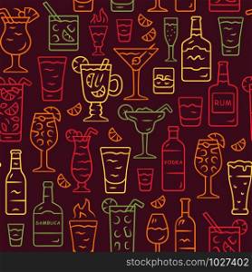 Drinks vector seamless pattern. Alcohol beverages background. Brown texture with hand drawn color icons. Rom, vodka, sambuca, lemonade. Bottles and glasses. Cocktails wrapping paper, wallpaper design