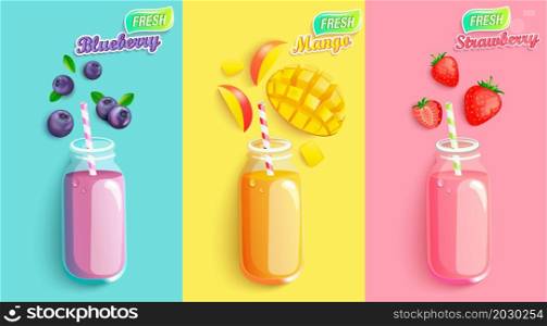Drinks with fresh fruits,berries.Juices with pieces strawberry,blueberry and mango.Healthy detox. Set cold jars with tasty smoothies for hot season.Bright template for design. Vector illustration.. Drinks with fresh fruits,berries.