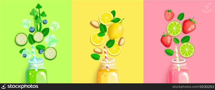 Drinks with fresh fruits,vegetables,berries.Smoothie with celery,cucumber,mint, lemon and honey,ginger, strawberry,lime.Healthy detox. Set cold juices for hot season.Bright template for design. Vector. Drinks with fresh fruits,vegetables,berries.