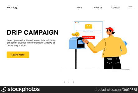 Drip campaign banner. Concept of email marketing, promotion business by electronic mail. Vector landing page of digital advertising and subscription with flat illustration of man send letters. Drip campaign banner. Concept of email marketing