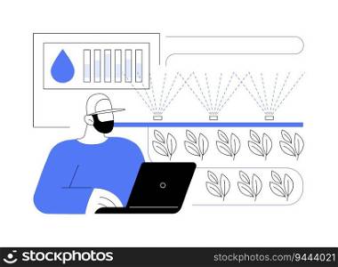 Drip irrigation abstract concept vector illustration. Farmer with laptop controls irrigation level, agroecology industry, sustainable agriculture, precision agriculture abstract metaphor.. Drip irrigation abstract concept vector illustration.