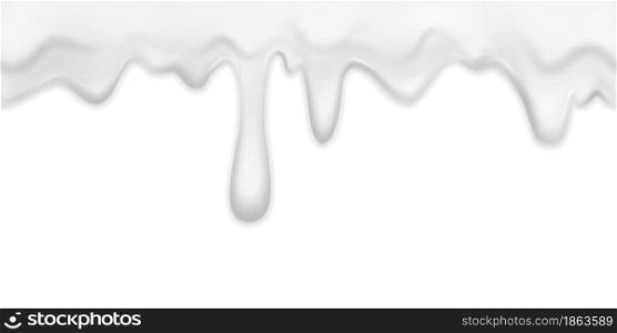 Dripping cream. Milk yogurt cream border with drops, filling white drink dessert, mayonnaise flow, horizontal background melted substance, cosmetics fluid wave. Vector isolated realistic illustration. Dripping cream. Milk yogurt cream border with drops, filling white drink dessert, mayonnaise flow, horizontal background melted substance, fluid wave. Vector isolated realistic illustration