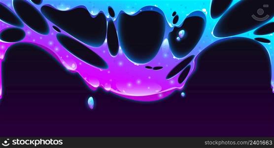 Dripping liquid slime border. Texture of sticky goo splash isolated on black background. Vector cartoon illustration of blue and purple neon slimy mucus with glitter. Dripping liquid slime border, sticky goo splash
