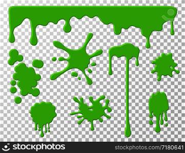 Dripping slime. Green goo dripping liquid snot, blots and splashes. Cartoon slime splodges vector set isolated. Illustration of liquid drip, slime and drop, blob stain green. Dripping slime. Green goo dripping liquid snot, blots and splashes. Cartoon slime splodges vector set isolated