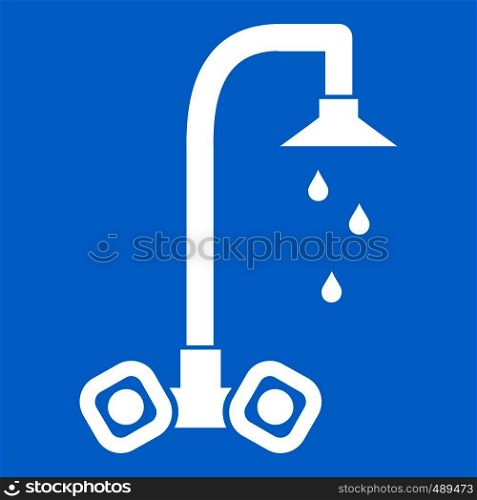 Dripping tap icon white isolated on blue background vector illustration. Dripping tap icon white