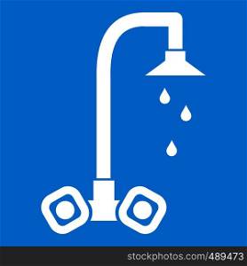 Dripping tap icon white isolated on blue background vector illustration. Dripping tap icon white