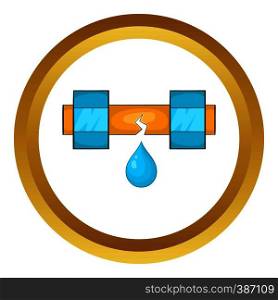 Dripping water pipe vector icon in golden circle, cartoon style isolated on white background. Dripping water pipe vector icon