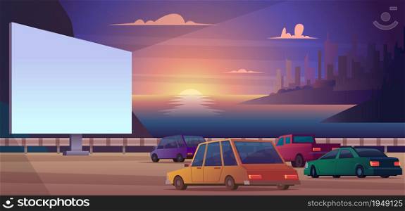 Drive cinema. Outdoor park open space for cars people watching movie happy couples night cinema vector illustration. Screen cinema entertainment, performance night show. Drive cinema. Outdoor park open space for cars people watching movie happy couples night cinema vector illustrations