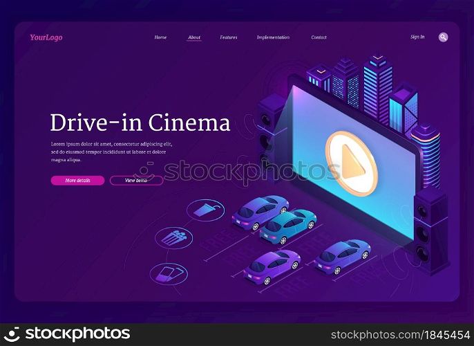Drive-in cinema banner. Outdoor movie theater with cars on open air parking. Vector landing page of street auto cinema with isometric illustration of big screen, automobiles and city. Drive-in movie theater with cars, outdoor cinema