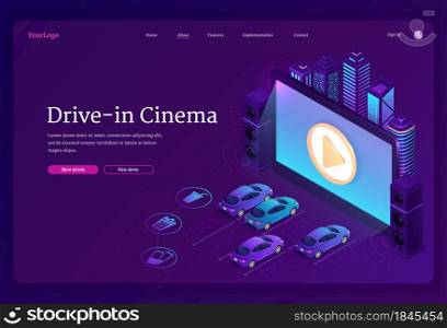 Drive-in cinema banner. Outdoor movie theater with cars on open air parking. Vector landing page of street auto cinema with isometric illustration of big screen, automobiles and city. Drive-in movie theater with cars, outdoor cinema