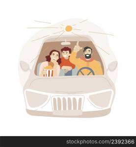 Drive-in cinema isolated cartoon vector illustration Family outing, watching screen from a trunk of a car, eating popcorn, outdoor cinema, leisure time, drive-in movie night vector cartoon.. Drive-in cinema isolated cartoon vector illustration