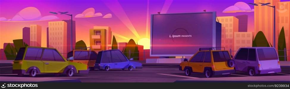 Drive-in cinema with car on sunset cartoon vector. Outdoor screen movie on auto parking under purple and orange sky with sun beam. Outside open air entertainment for watch performance in automobile. Drive-in cinema with car on sunset cartoon vector