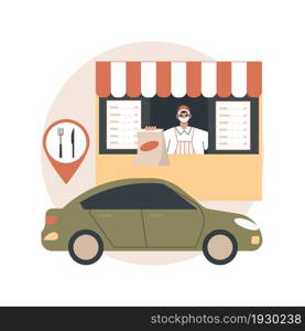 Drive-in restaurant abstract concept vector illustration. Drive-through cafe, virus-safe drive-in services, social isolated facilities, no-contact pick up, take away order abstract metaphor.. Drive-in restaurant abstract concept vector illustration.