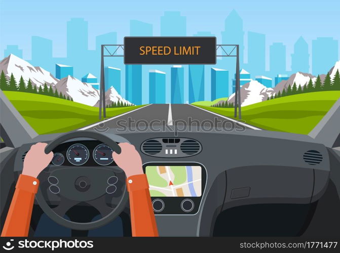 Drive safely concept. The driver s hands on the steering wheel. billboard informating about speed limit. View of the road from car interior. inside car driver. Vector illustration in flat style. Drive safely concept.