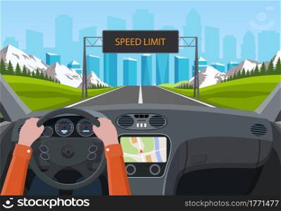Drive safely concept. The driver s hands on the steering wheel. billboard informating about speed limit. View of the road from car interior. inside car driver. Vector illustration in flat style. Drive safely concept.