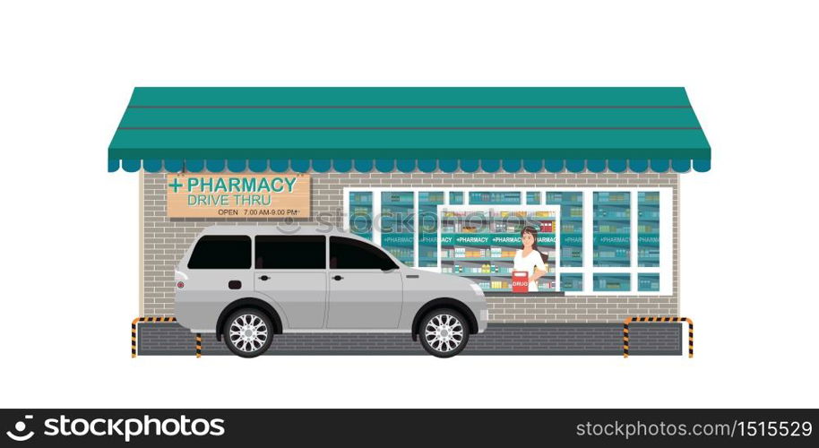Drive Thru pharmacy with customer a purchased product at a drive thru line isolated on white, flat design vector illustration.