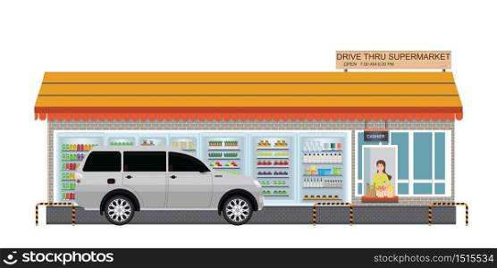Drive Thru supermarket with customer a purchased product at a drive thru line isolated on white, flat design vector illustration.