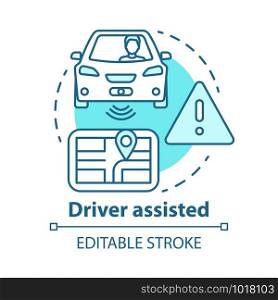 Driver assisted concept icon. Car intelligent features for safety and comfort. Sensory information to navigation paths idea thin line illustration. Vector isolated outline drawing. Editable stroke