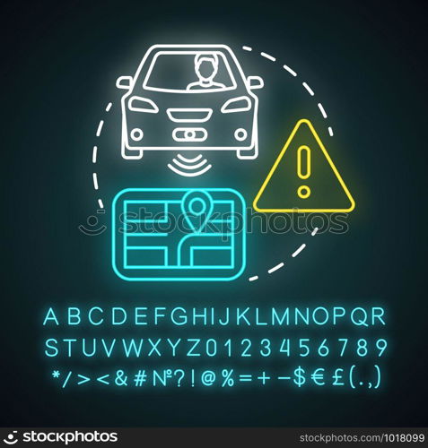 Driver assisted neon light concept icon. Car intelligent features. Sensory information to navigation paths idea. Glowing sign with alphabet, numbers and symbols. Vector isolated illustration