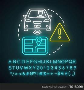 Driver assisted neon light concept icon. Car intelligent features. Sensory information to navigation paths idea. Glowing sign with alphabet, numbers and symbols. Vector isolated illustration