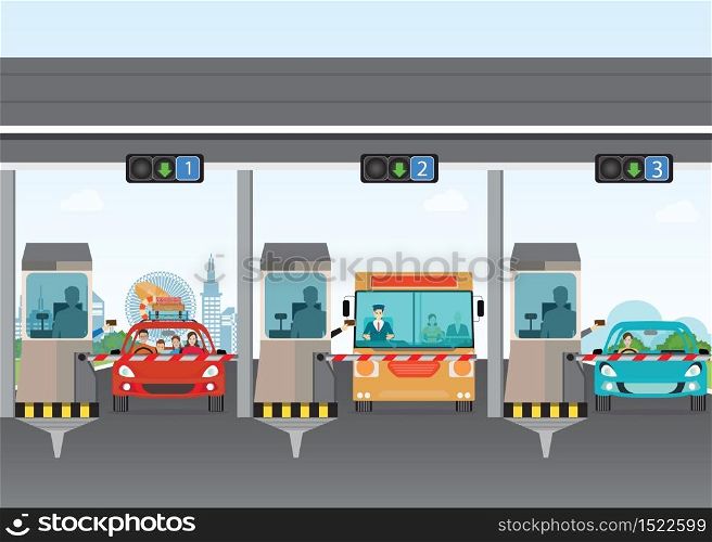 Driver cars passing through to pay road toll at highway toll booth, vector illustration.