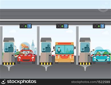 Driver cars passing through to pay road toll at highway toll booth, vector illustration.