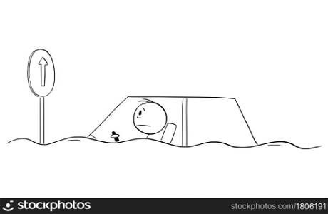Driver driving car during water flooding disaster, climate change and rainy weather, vector cartoon stick figure or character illustration.. Driver Driving Car During Water Flooding Disaster, Vector Cartoon Stick Figure Illustration
