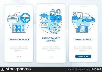Driver education for teens blue onboarding mobile app page screen. Driving school walkthrough 3 steps graphic instructions with concepts. UI, UX, GUI vector template with linear color illustrations. Driver education for teens blue onboarding mobile app page screen