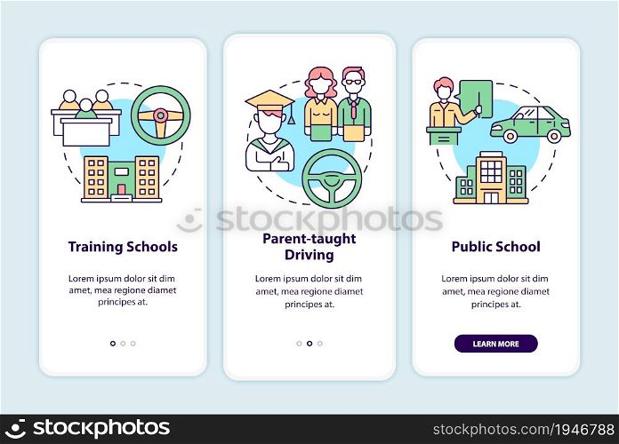 Driver education for teens onboarding mobile app page screen. Driving school walkthrough 3 steps graphic instructions with concepts. UI, UX, GUI vector template with linear color illustrations. Driver education for teens onboarding mobile app page screen
