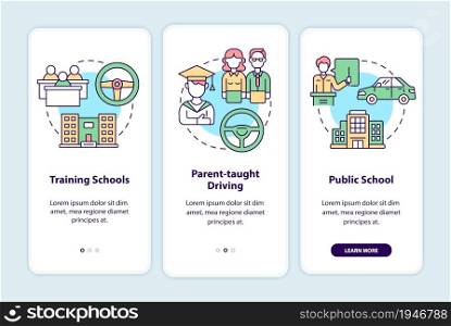 Driver education for teens onboarding mobile app page screen. Driving school walkthrough 3 steps graphic instructions with concepts. UI, UX, GUI vector template with linear color illustrations. Driver education for teens onboarding mobile app page screen