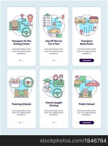 Driver education offers onboarding mobile app page screen set. Course for teens walkthrough 3 steps graphic instructions with concepts. UI, UX, GUI vector template with linear color illustrations. Driver education offers onboarding mobile app page screen set