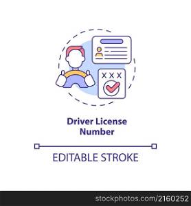 Driver license number concept icon. Personal information protection abstract idea thin line illustration. Isolated outline drawing. Editable stroke. Roboto-Medium, Myriad Pro-Bold fonts used. Driver license number concept icon