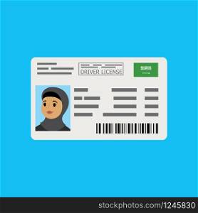 Driver license with arabic woman photo,flat vector illustration