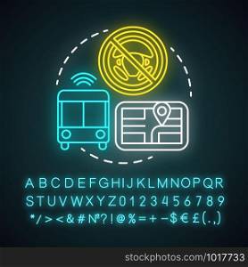Driverless bus neon light concept icon. Autopilot for city passenger transportation. Autonomous vehicle on route idea. Glowing sign with alphabet, numbers and symbols. Vector isolated illustration