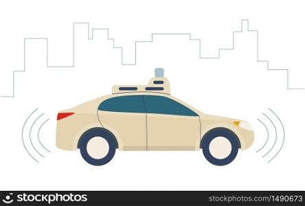 Driverless Car, autonomous vehicle, auto with autopilot and city background. Vector illustration in flat style. Driverless Car, autonomous vehicle, auto with autopilot and city background. Vector illustration
