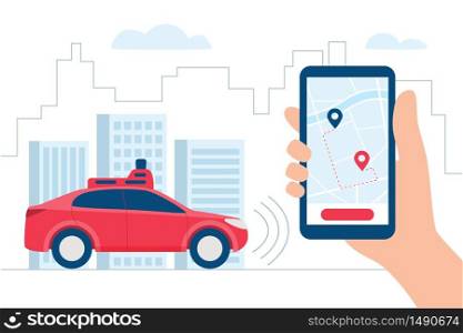 Driverless Car, autonomous vehicle, auto with autopilot. Vector illustration in flat style. Driverless Car, autonomous vehicle, auto with autopilot Concept. Red car and hand holding smartphone with app. Vector illustration in flat style