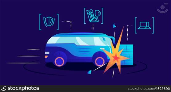 Driverless car crash test flat color vector illustration. Self driving van smashing against wall on blue background. Safety bag, damage resistance and obstacle detection system examination