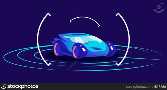 Driverless car flat color vector illustration. Futuristic autonomous transport, self driving automobile on blue background. Smart transport detection system interface, virtual showroom concept