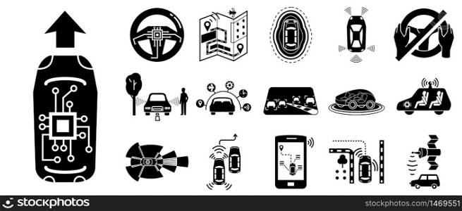 Driverless car icons set. Simple set of driverless car vector icons for web design on white background. Driverless car icons set, simple style